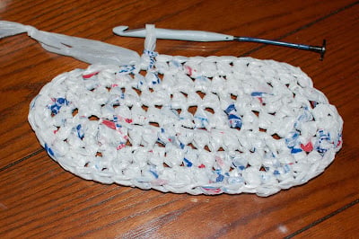 Finished plarn grocery tote crocheted from recycled plastic bags
