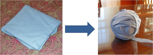 Old bedsheet transformed into a ball of homemade fabric yarn