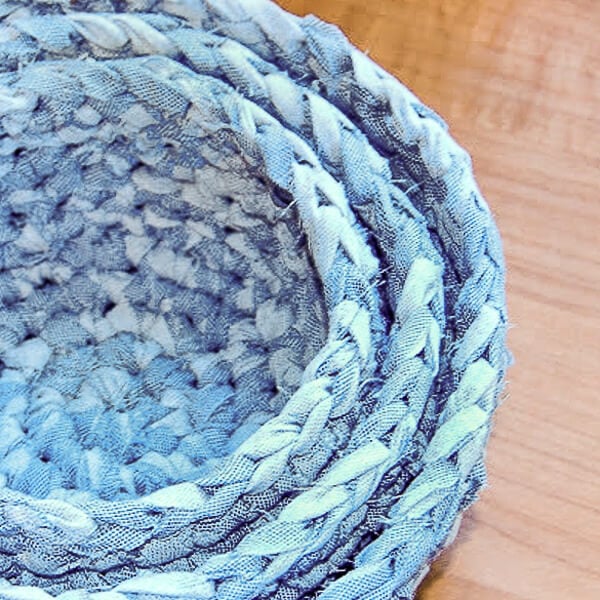 Crochet nesting baskets made with upcycled fabric yarn