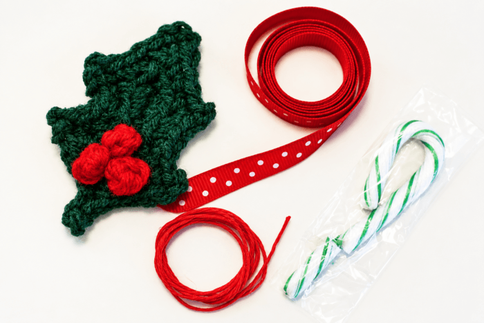 Crochet holly leaf with ribbon and gift-wrapping supplies