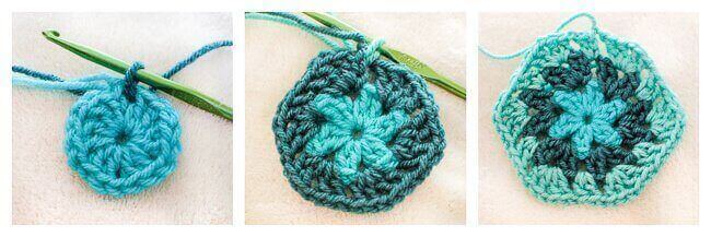 Crochet hexagon pattern rounds 1 through 3