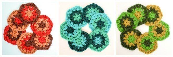 Finished crocheted hexagons in color palettes