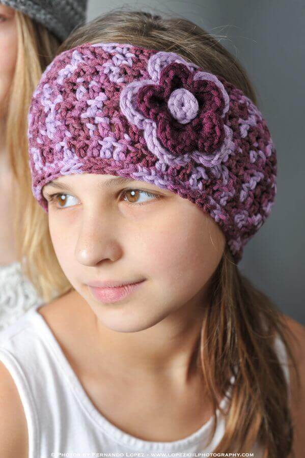 Crochet Ear Warmer with Layered Flowers Petals to Picots