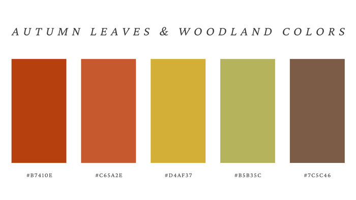 Autumn-inspired color palette with rust, burnt orange, golden yellow, olive green, and warm brown