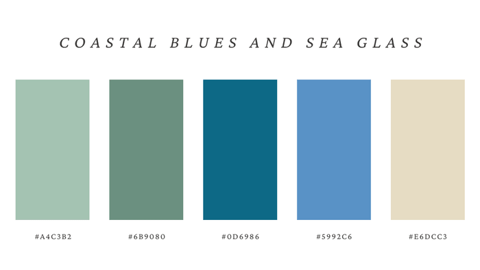 Color palette with soft aqua, seafoam green, turquoise, dusty blue, and sandy cream