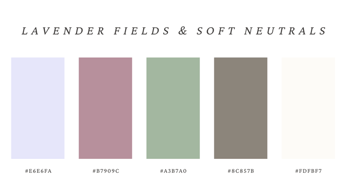 Soft color palette with lavender, dusty purple, sage green, warm gray, and cream