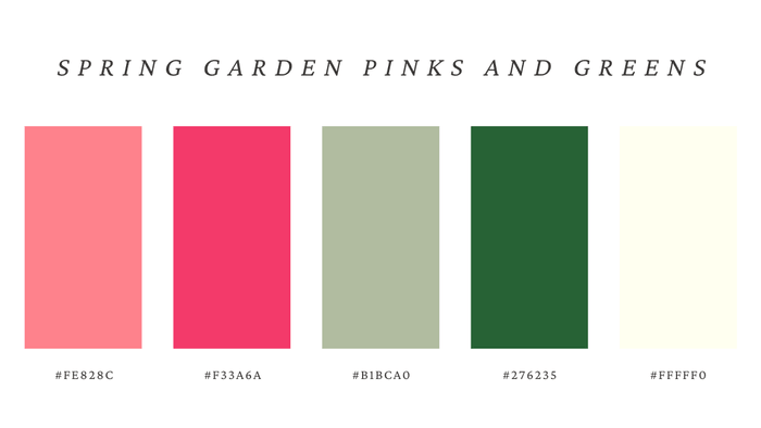 Color palette featuring blush pink, rose, sage green, leafy green, and ivory