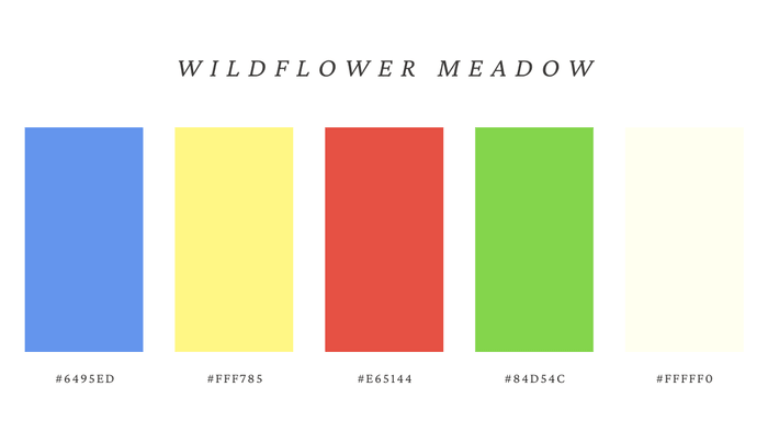 Bright color palette with cornflower blue, sunny yellow, poppy red, meadow green, and ivory