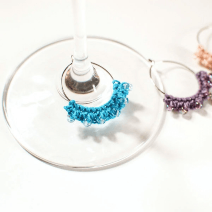 Handmade crochet wine glass charms with colorful beads
