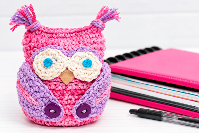 Pink crochet owl apple cozy with button-loop wings