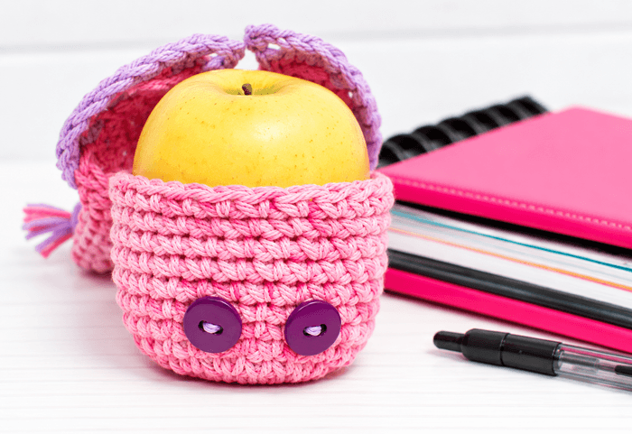 Crochet owl apple cozy opened to show hinged top