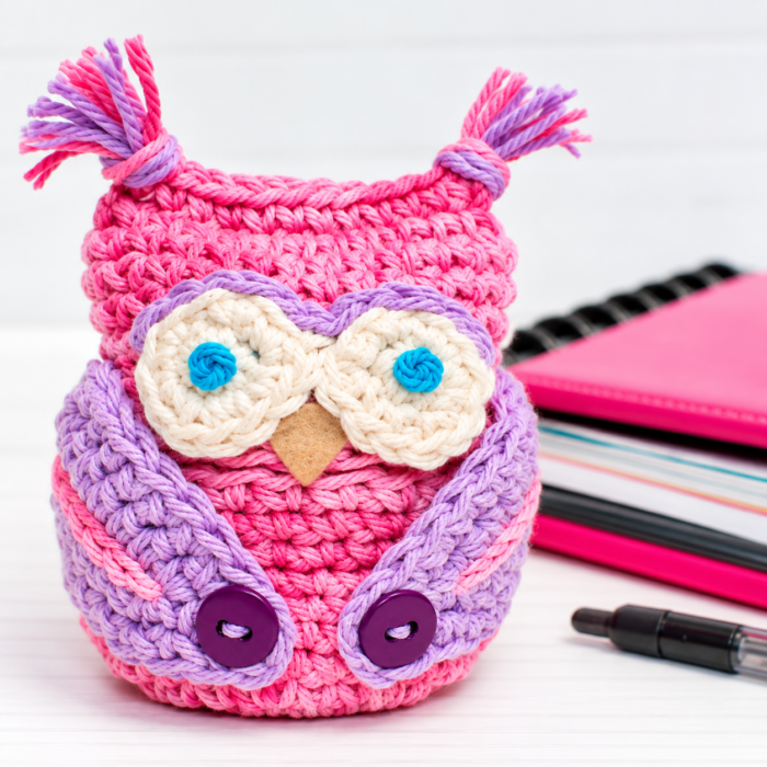 Pink crochet owl apple cozy with button closure