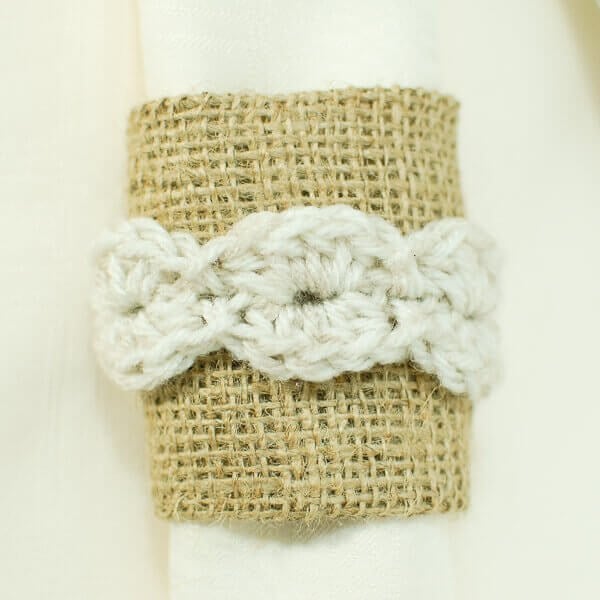 Petite Shells crochet trim on a rustic burlap place setting