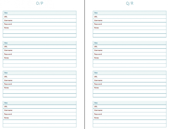 Printable Alphabetical Password Log