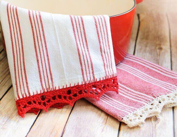 Hand-made gifts, crochet edge tea towel s, tea towels, kitchen cotton tea  towel gift set, green red yellow stripe crochet edge tea towel gift set, cotton  kitchen towel gift set