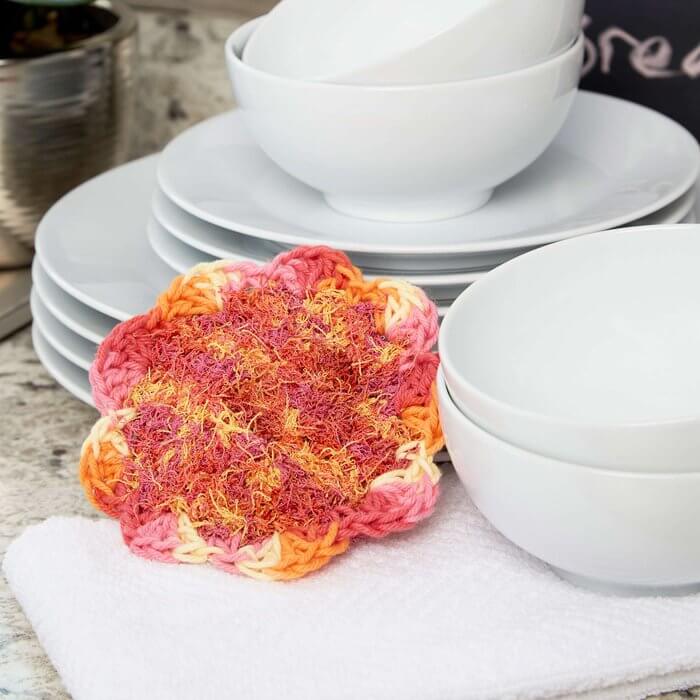 Red Heart Flower Power Scrubby made with scrubby and cotton yarn