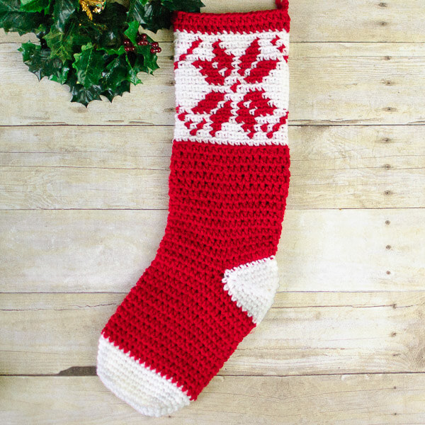 Fair Isle Snowflake Christmas Stocking Crochet Pattern | www.petalstopicots.com