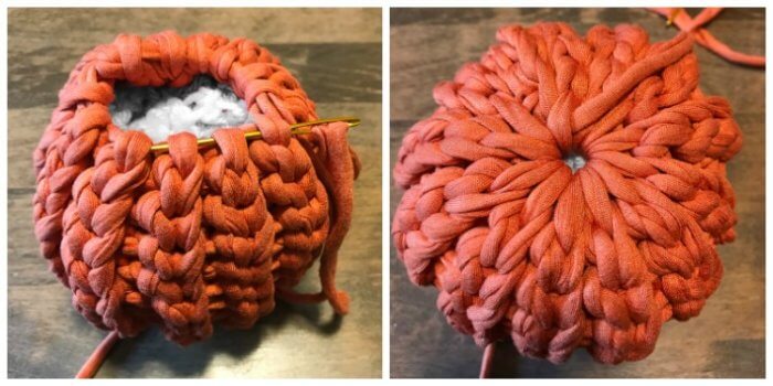 Finish off by weaving the tail through the loops to close up pumpkin.