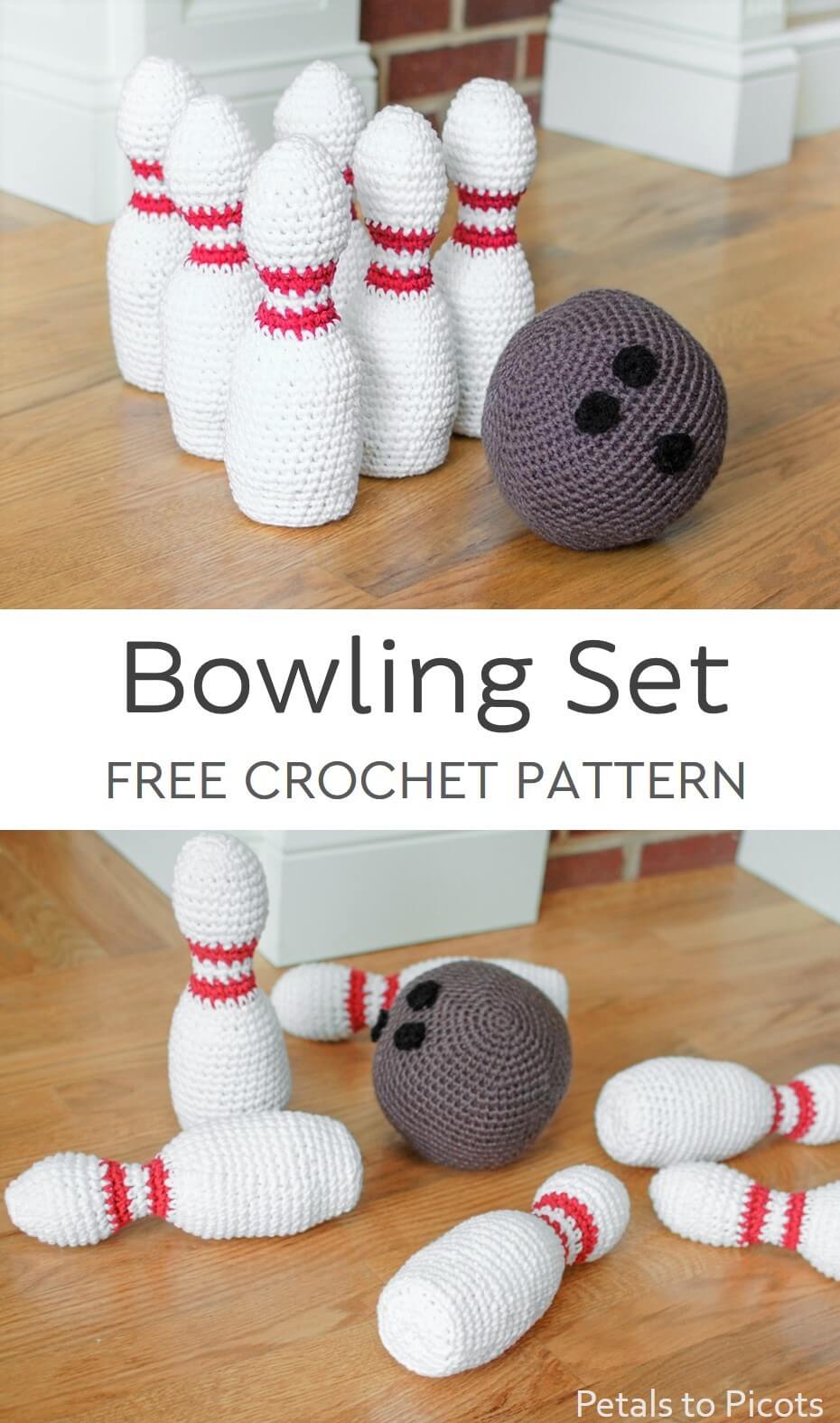 Little ones will love this adorable crochet bowling set! It\'s perfect for little hands and great for developing hand-eye coordination and spacial awareness.