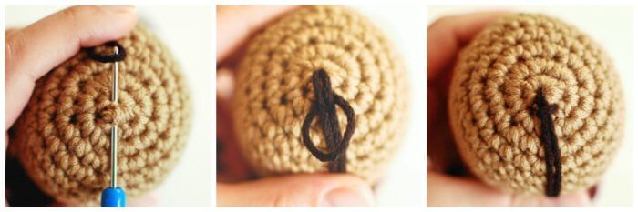 Add yarn hair to crochet doll 