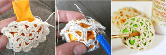 Applying fabric stiffener to a crochet lace bauble