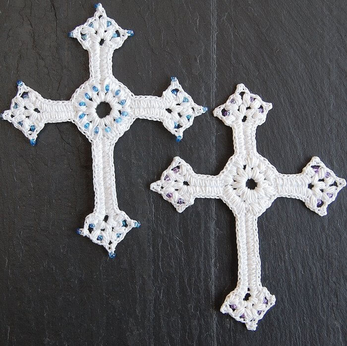 Lacy crochet cross with decorative seed beads