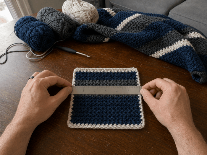 Measuring the matching crochet swatch Calculating how much yarn you will need for a crochet or knitting project: A man's bare forearms framing a navy, charcoal, and oatmeal crochet swatch measured flat with a metal ruler from zero to six inches, with the matching blanket and yarn nearby.