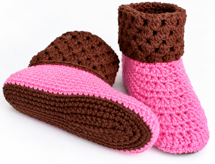 Pink crochet bootie slippers with brown soles and textured ankle cuffs, showing the bottom and front views